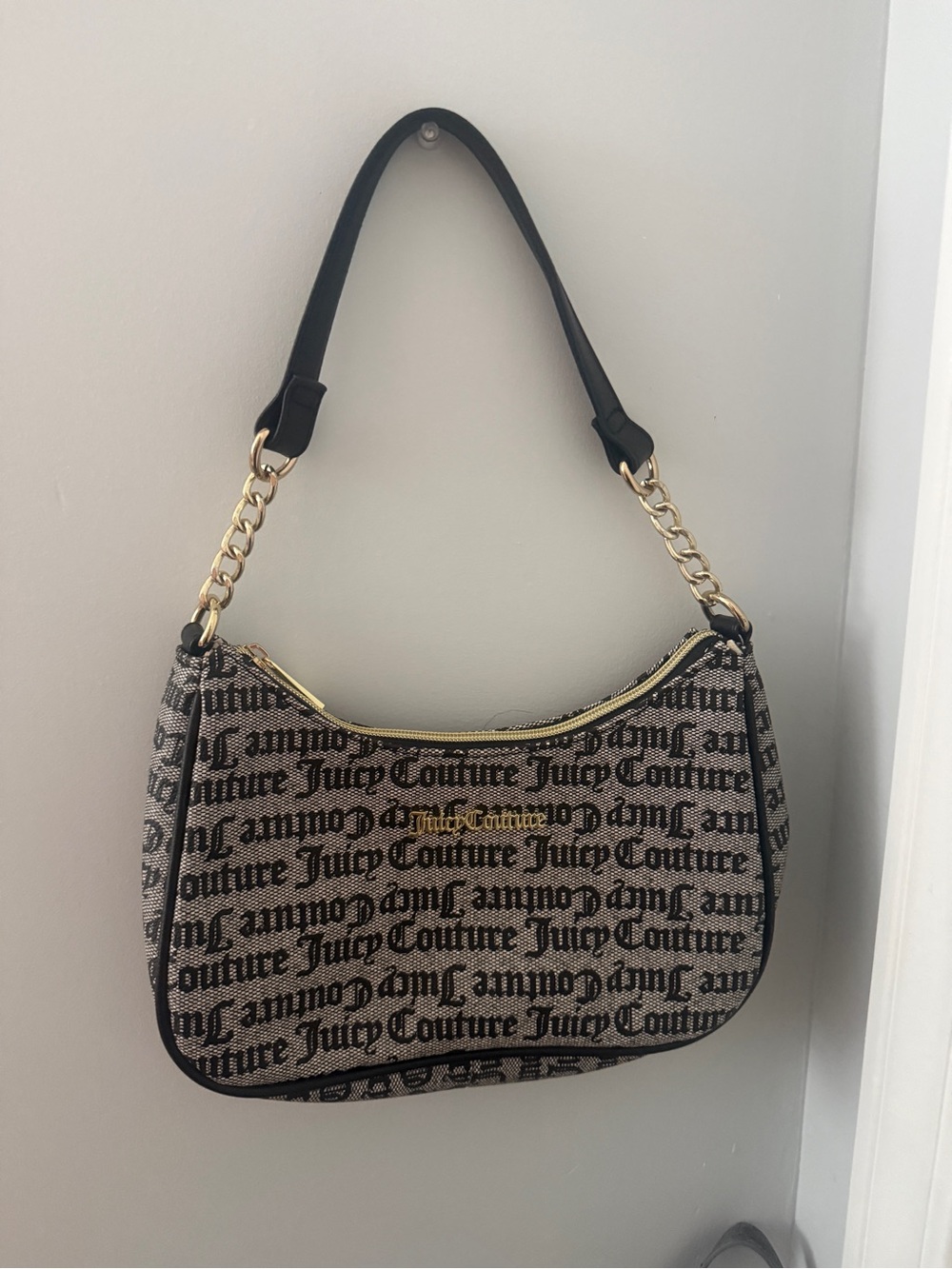 Juicy Couture Black and Beige Logo Shoulder Bag with Gold Hardware